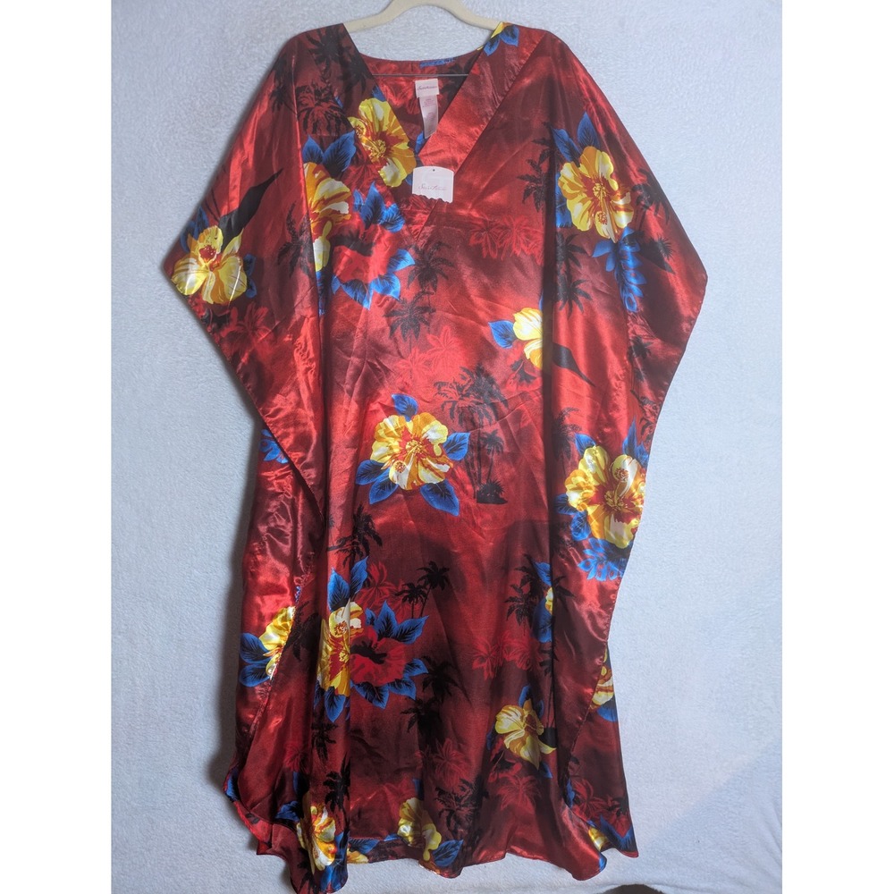 NEW Secret Treasures Kaftan Women's OSFM Red Multi Tropical Floral Palm Tree